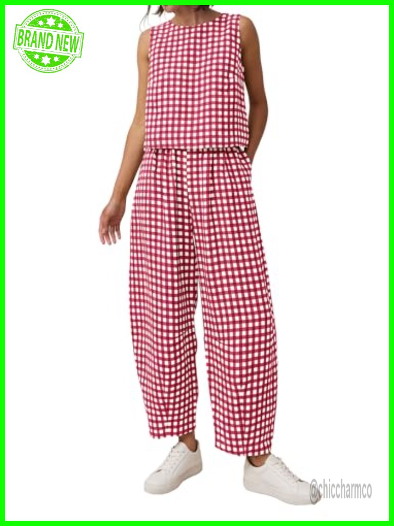 Summer Plaid Sleeveless Top & Wide Leg Pants Matching Lounge Set
